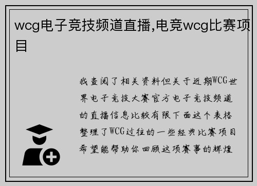 wcg电子竞技频道直播,电竞wcg比赛项目